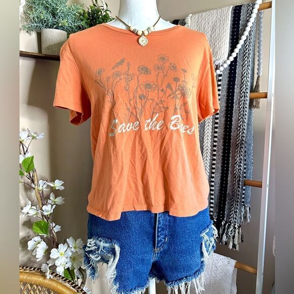 Lucky Brand Bohemian ‘Save the Bees’ Graphic Semi Crop Orange T Shirt - Picture 1 of 8